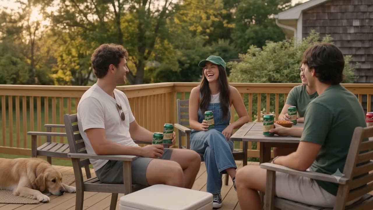 Friends sharing Highland cans on a backyard deck at golden hour
